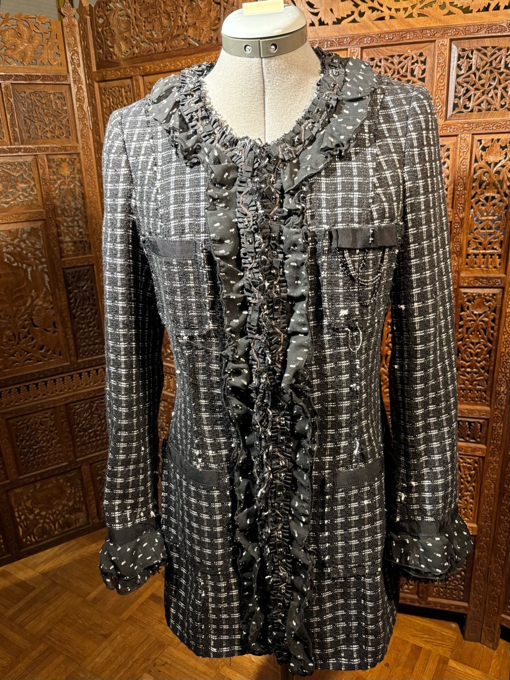 White House Black Market Womens Black & White Tweed Ruffle Front Jacket